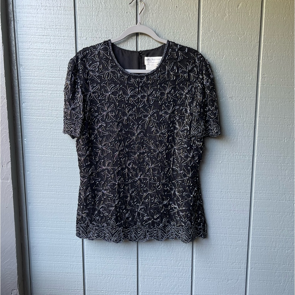 Papell Boutique Beaded Silk Short Sleeve Formal Evening Wedding Party Top